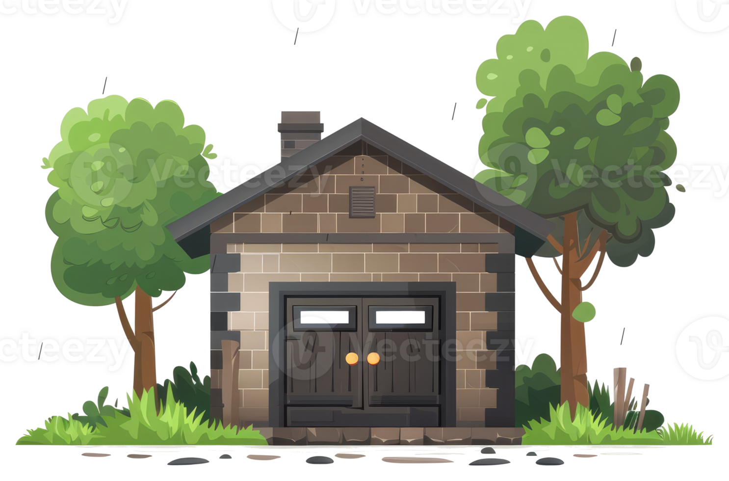 A small brick garage surrounded by trees and green grass png