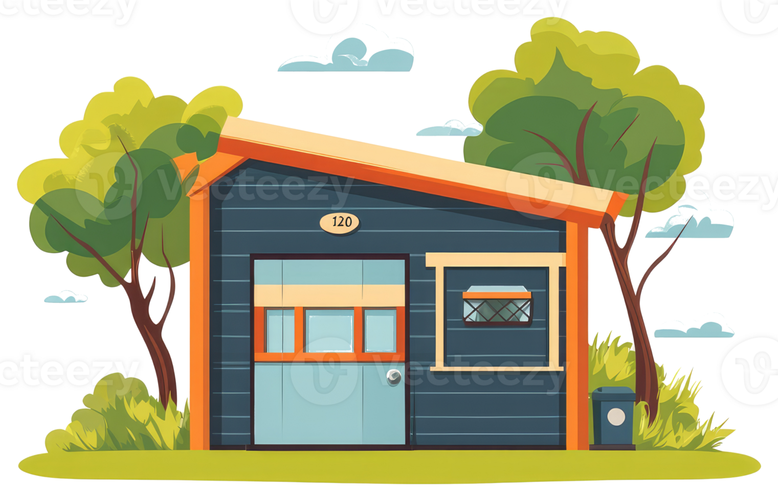 Cartoon illustration showing a small building with a door and windows png