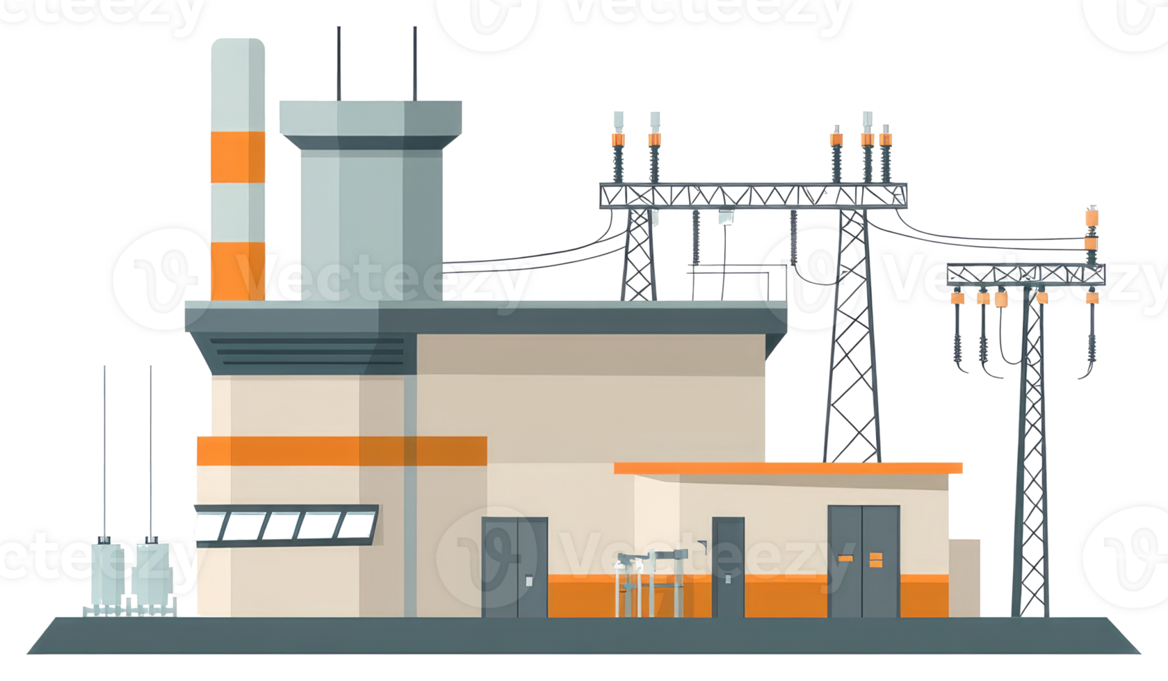 An industrial power plant with chimney and high voltage towers png