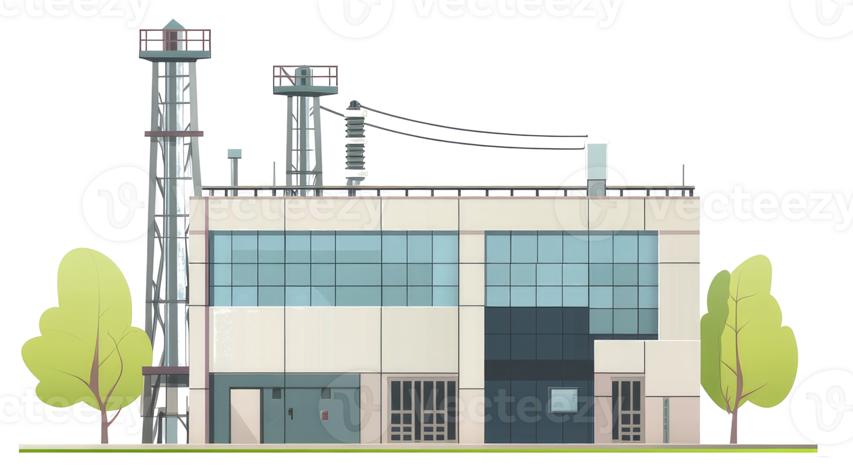 A modern industrial factory building with two water towers nearby png
