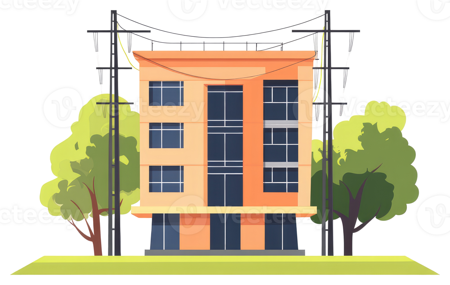An urban illustration depicting a tall building with trees nearby png