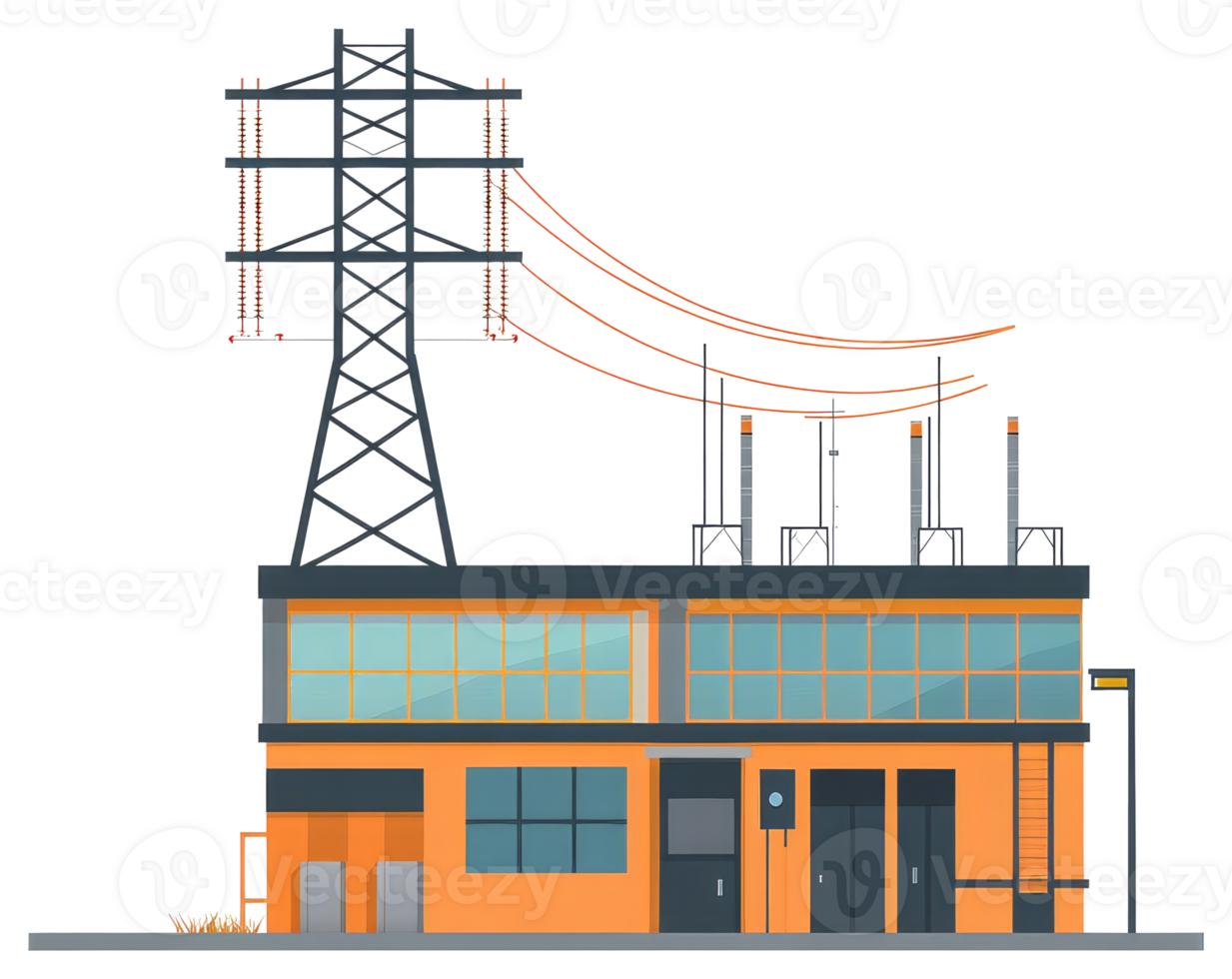 A power plant building and electricity transmission tower connection png