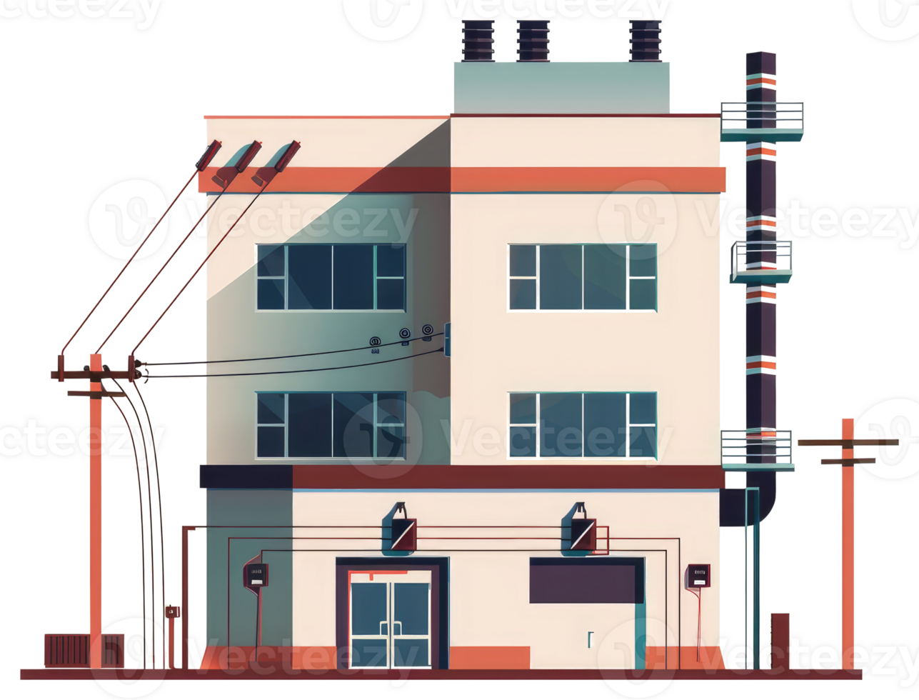 Animated illustration depicts a three story industrial building with utilities png