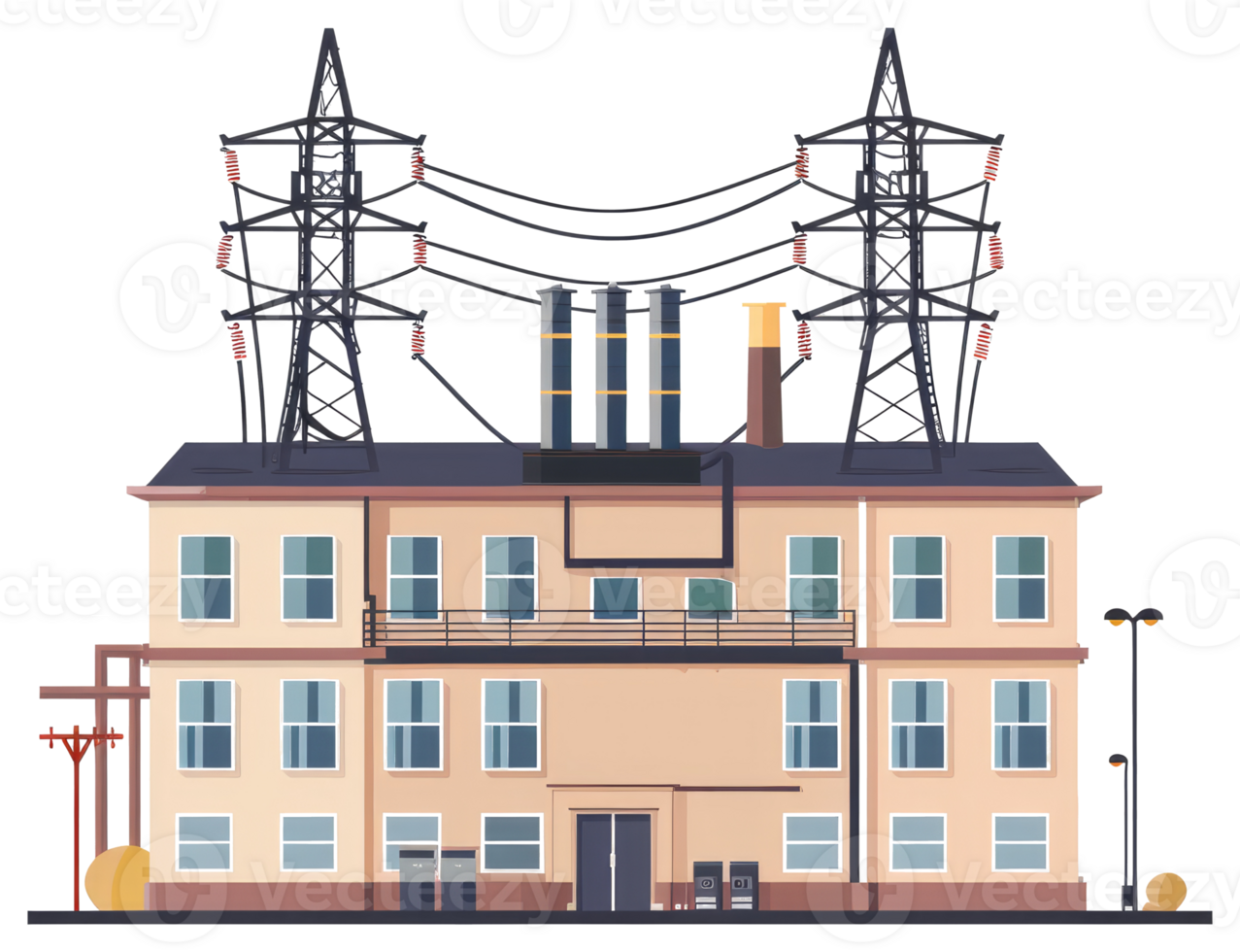 A colorful illustration of a factory with power towers overhead png