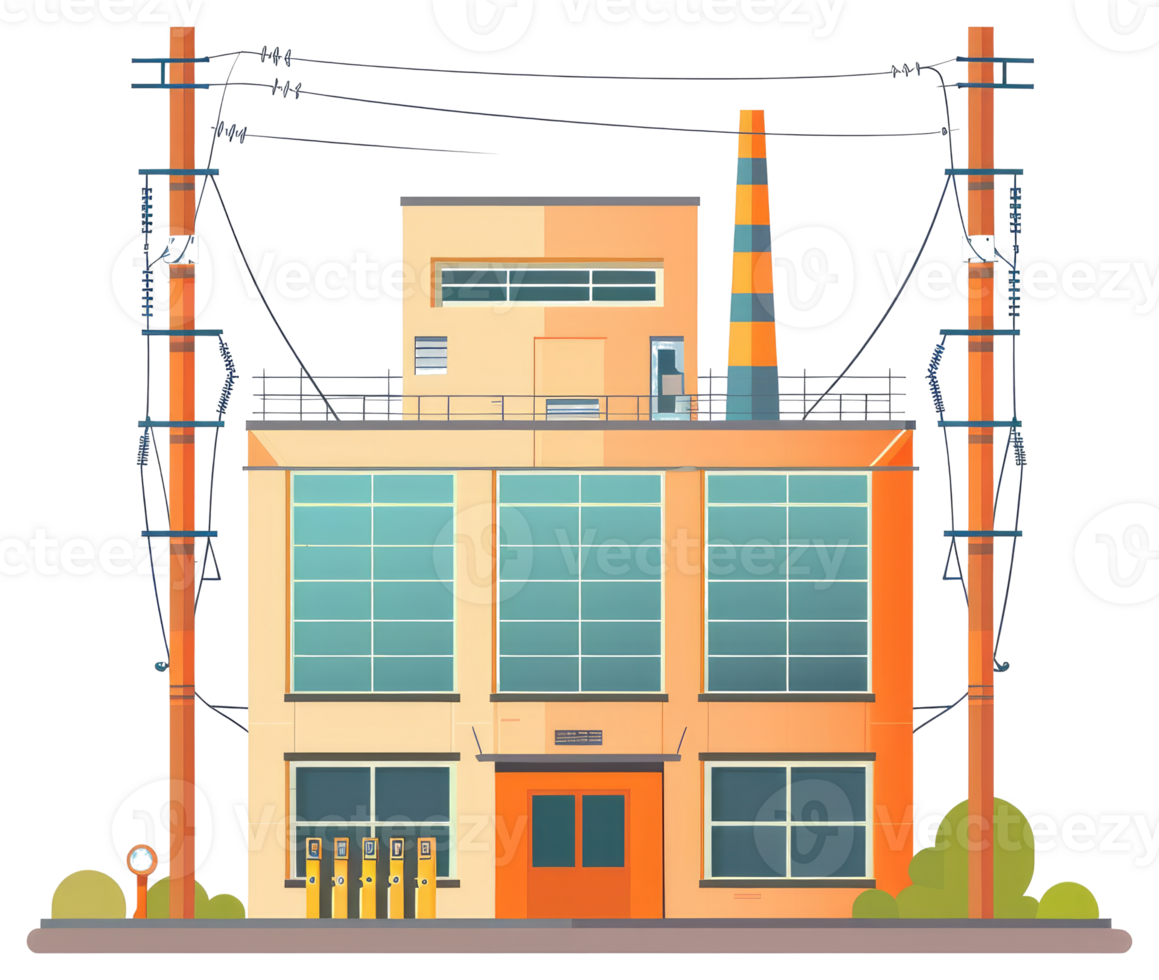 An industrial building illustration featuring power lines and a tall smokestack png
