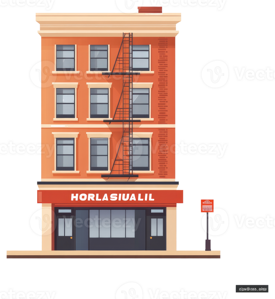 A colorful illustrated apartment building with a fire escape png