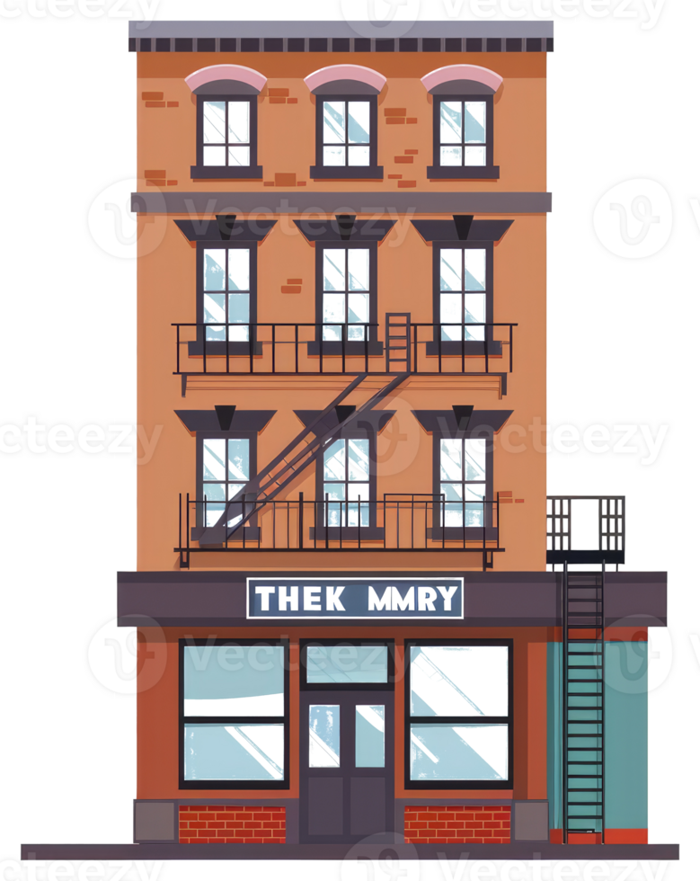 A vibrant cartoon illustration of a residential building and a store png