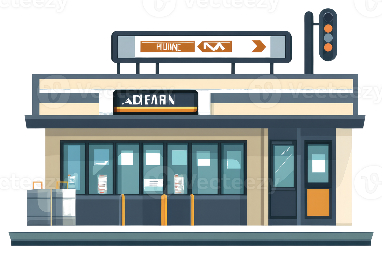 A simplistic illustration of a train station platform with signage png