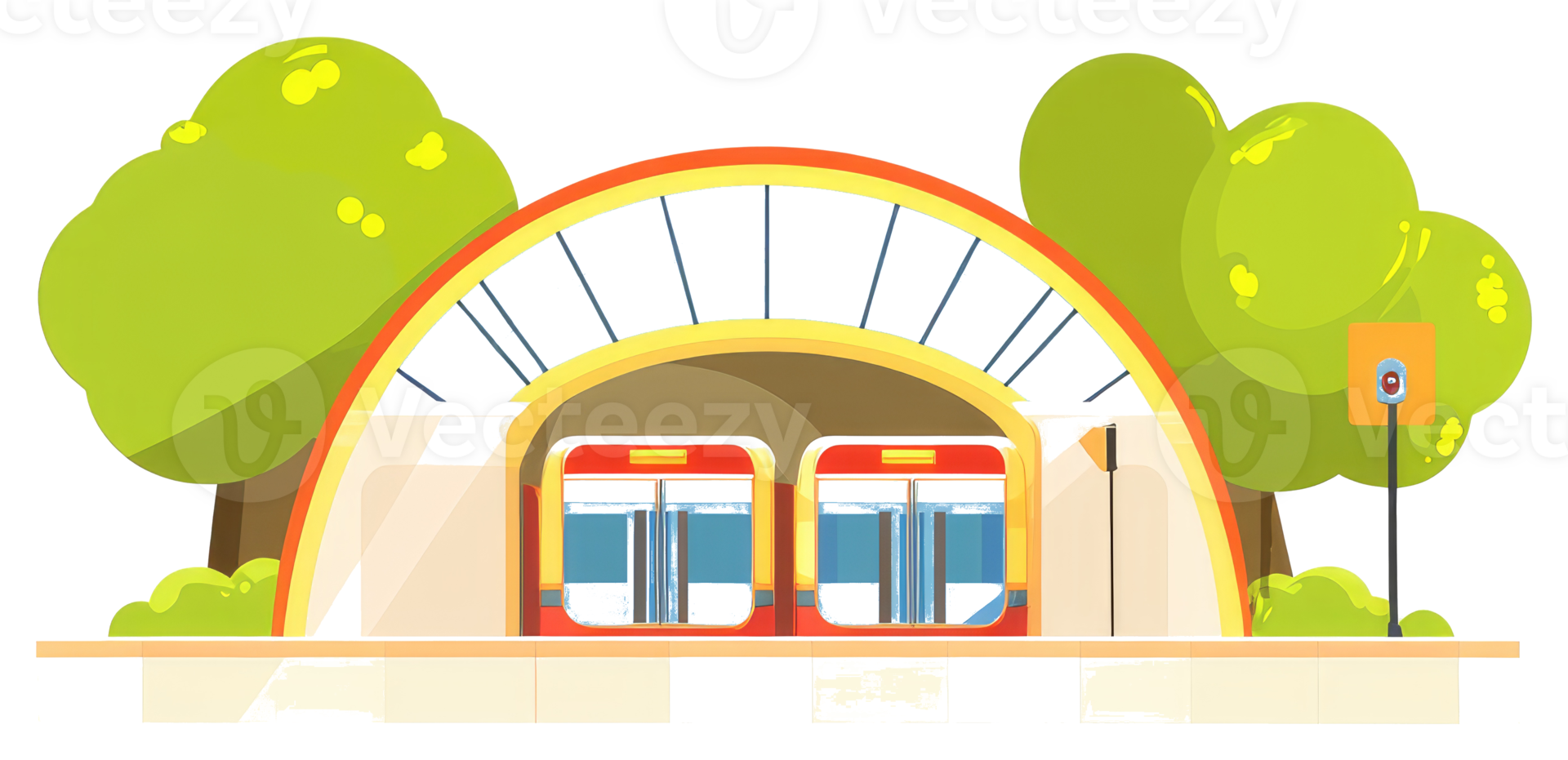 Two trains are at a platform within a vibrant colorful station png