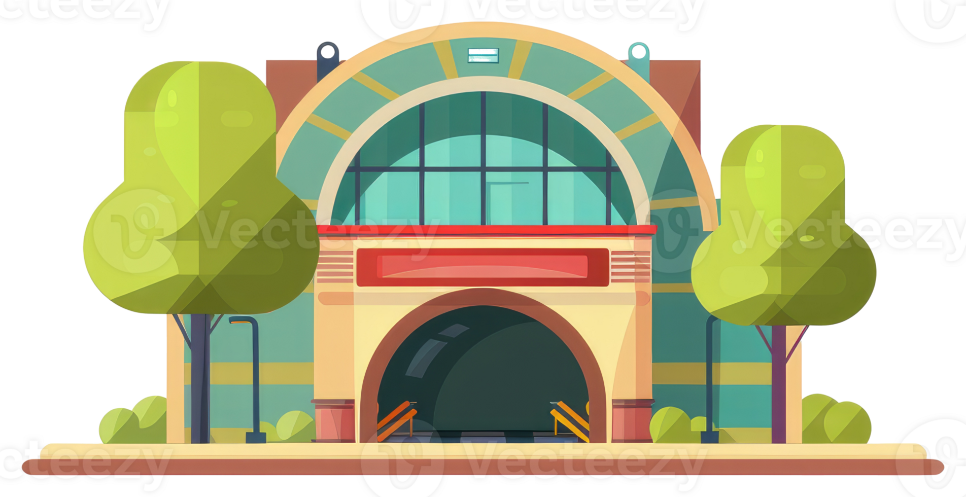 A stylized illustration of a building with green trees png