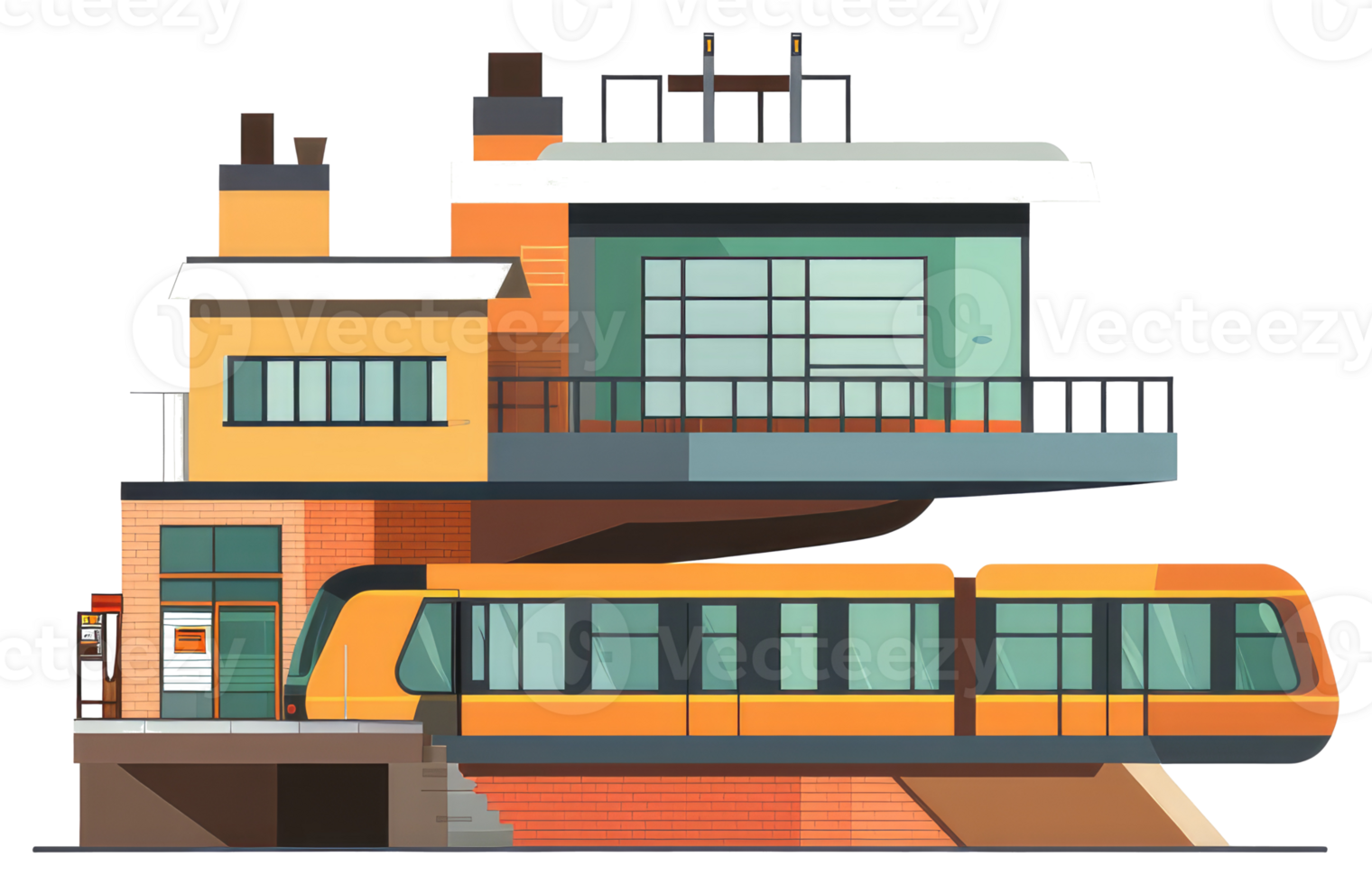 A train pulling into a station complex illustration in a cartoon style png