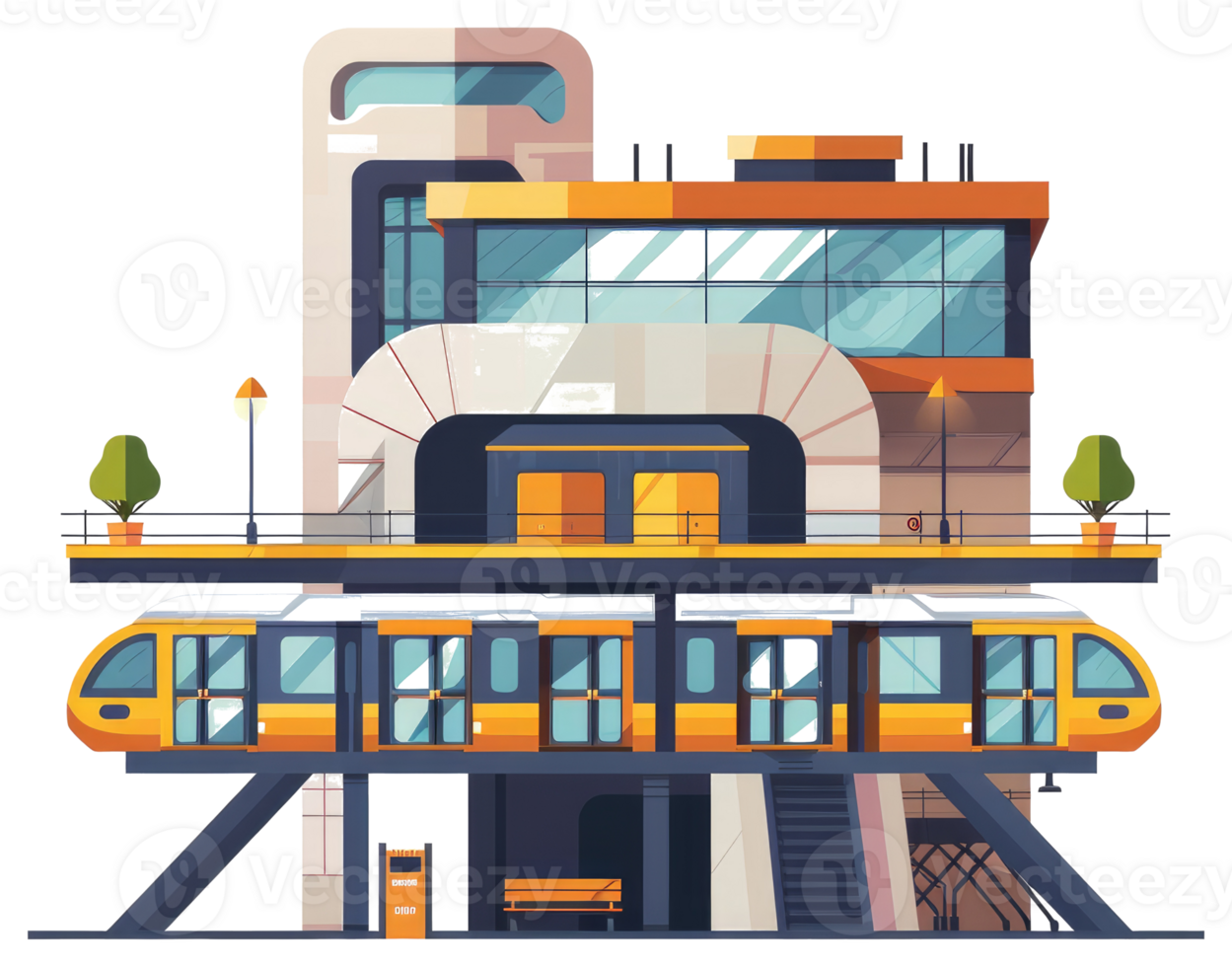 An elevated train station with a modern design and details png