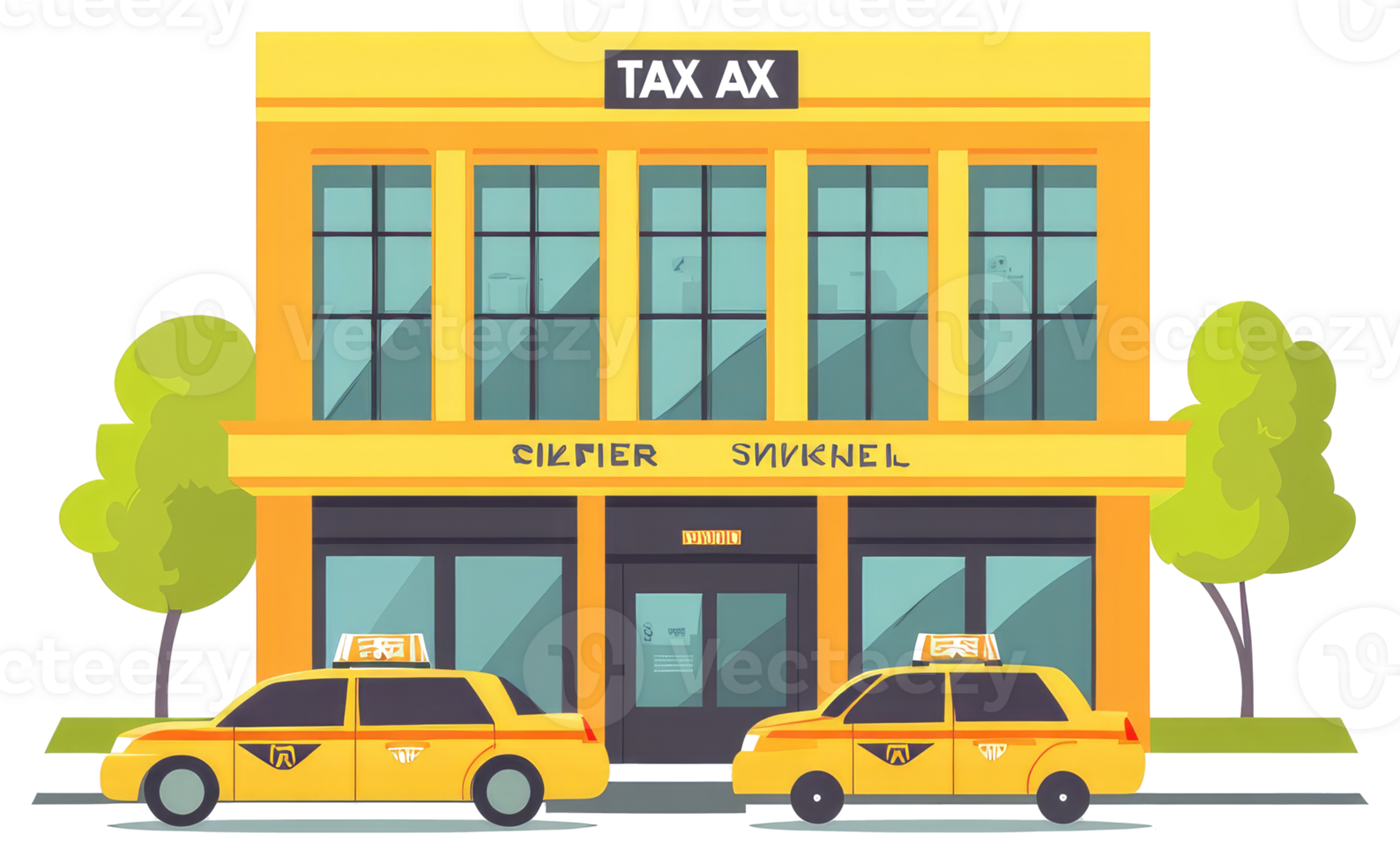 Yellow taxicabs parked in front of a building dedicated to taxation png