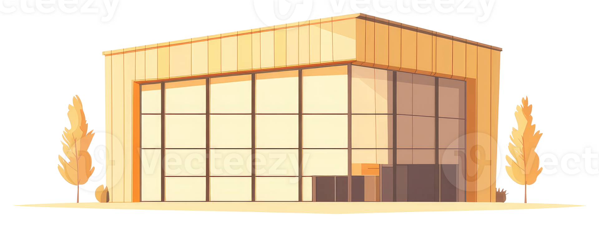 A modern building with glass windows and trees on the side png