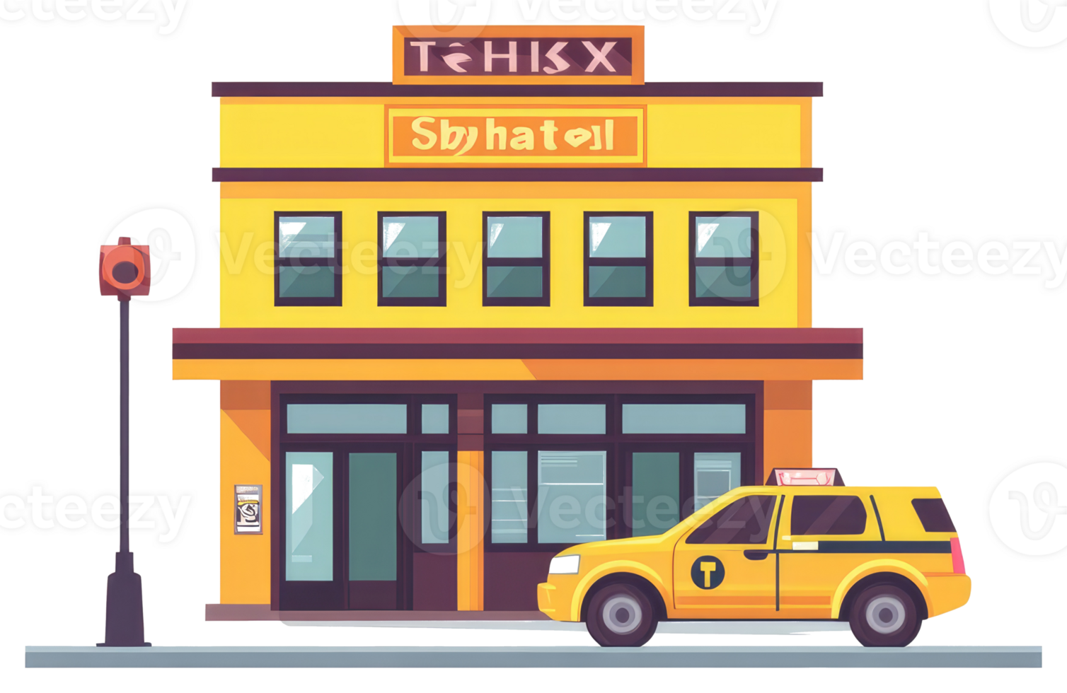 A cartoon building with a yellow taxi cab on the street png
