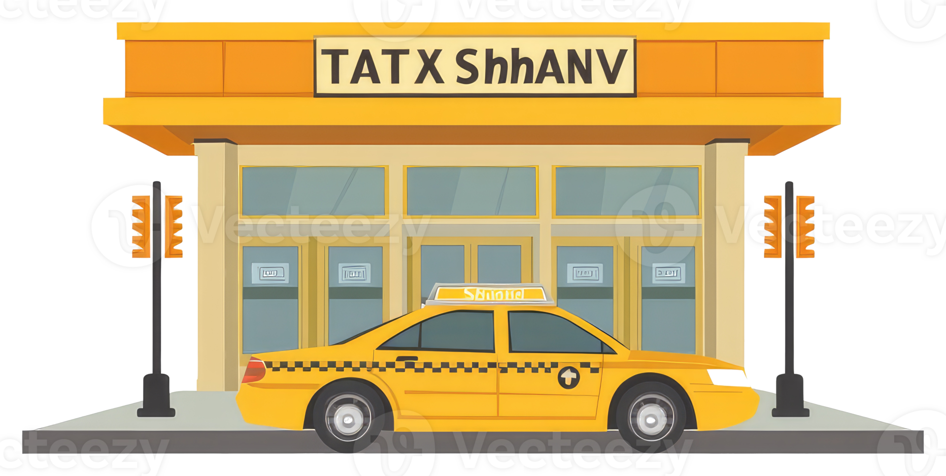 A yellow taxi vehicle parked in front of a building illustration png