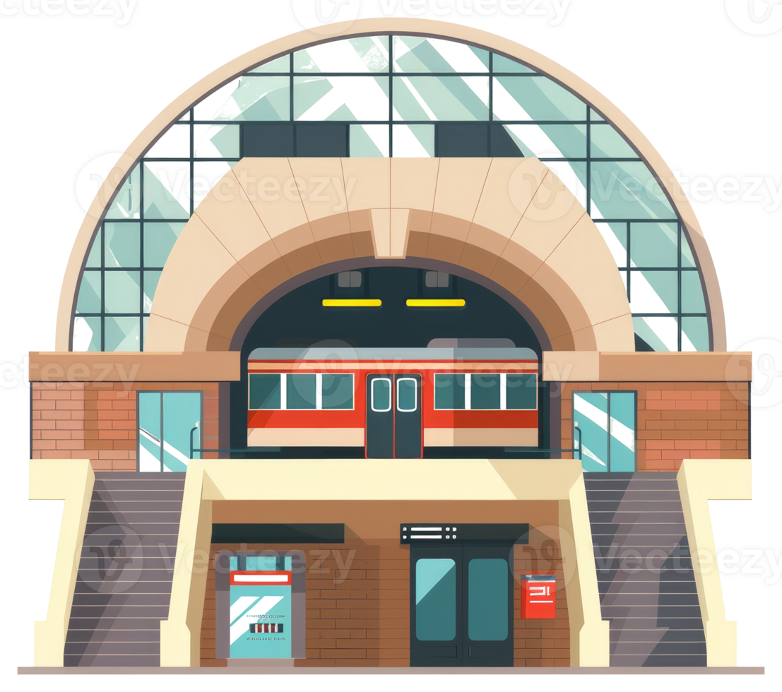 A colorful illustrated train station with subway entrance and train car png