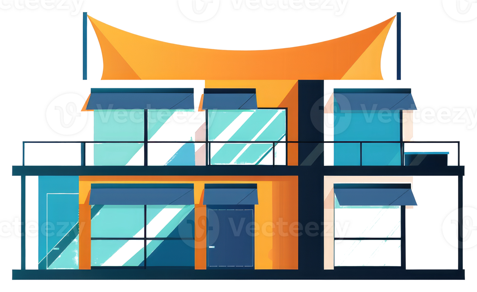 A modern colorful two story building with awnings and railings png