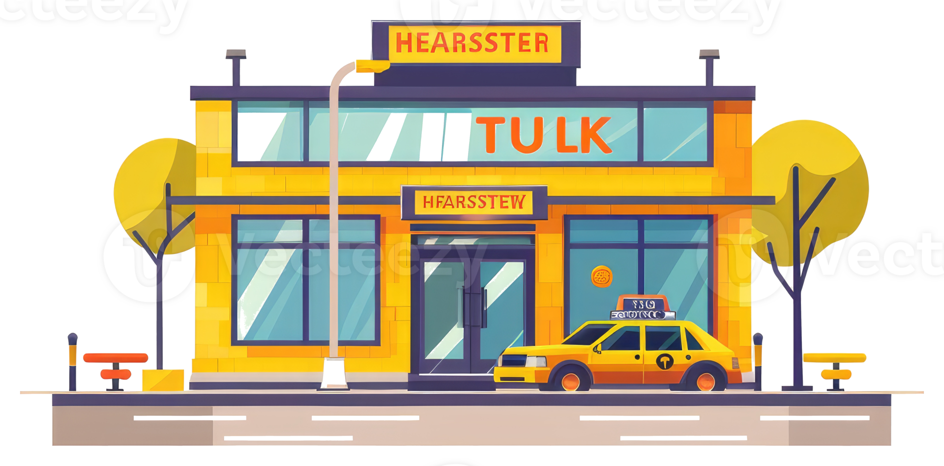 A yellow building with a taxi parked in front of it png