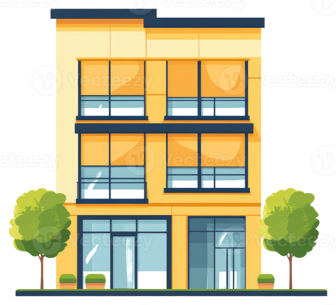 A modern three story commercial building with trees on both sides png