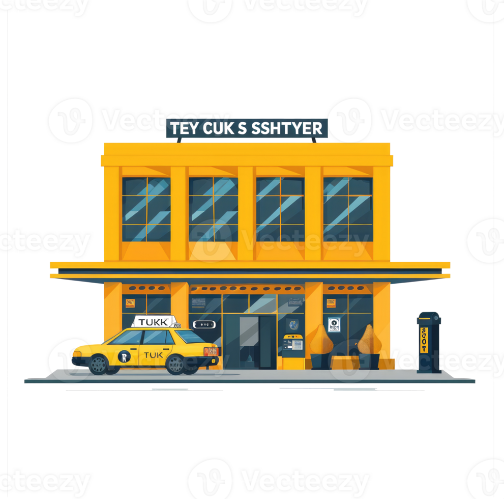 A brightly colored illustration of a taxi stand and taxi png