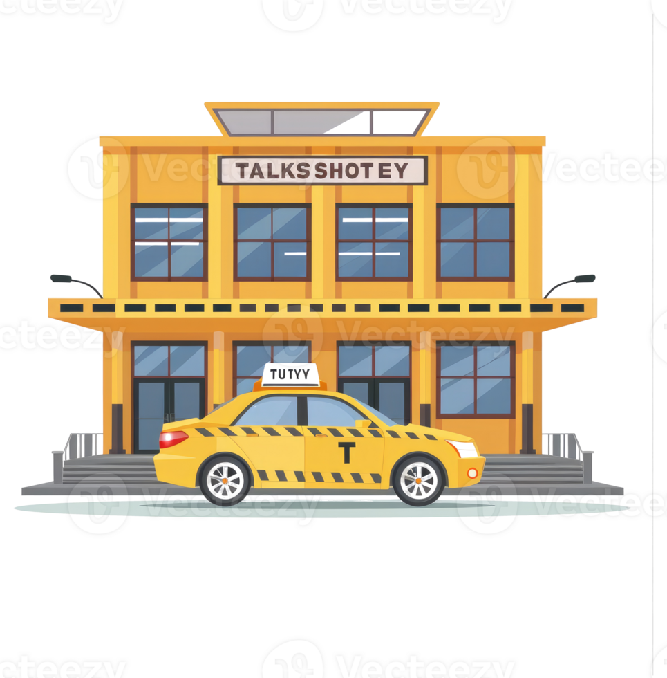 A cartoon taxi cab parked near a yellow building at daytime png
