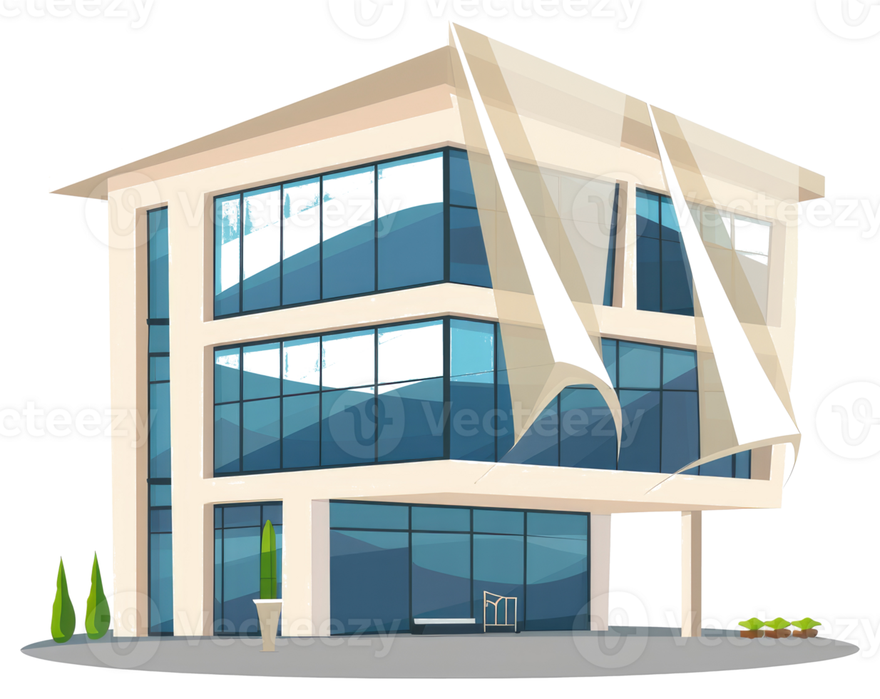 A modern architectural building with large windows and shade structure png