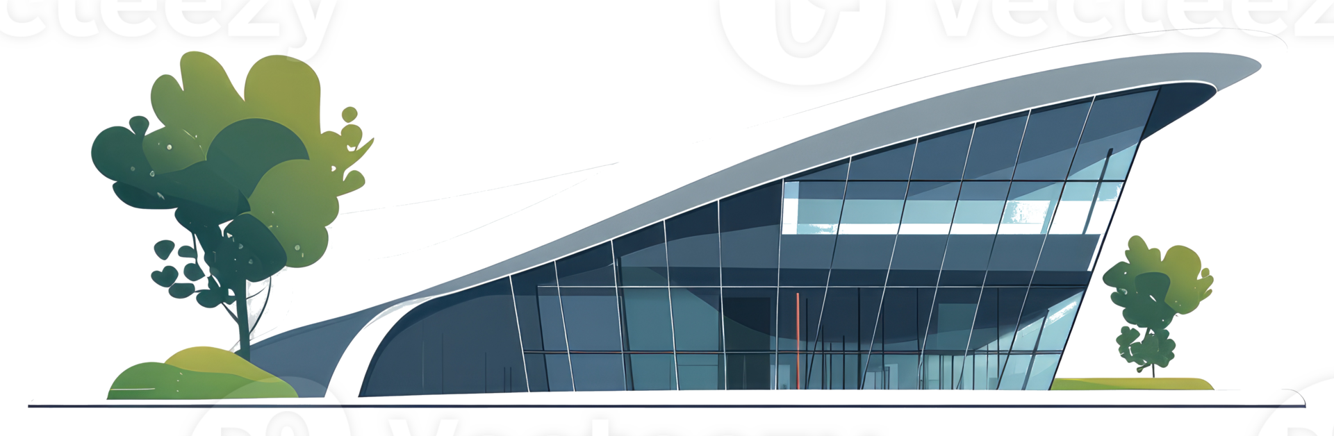 Modern architectural building with large glass windows and curved roof design png