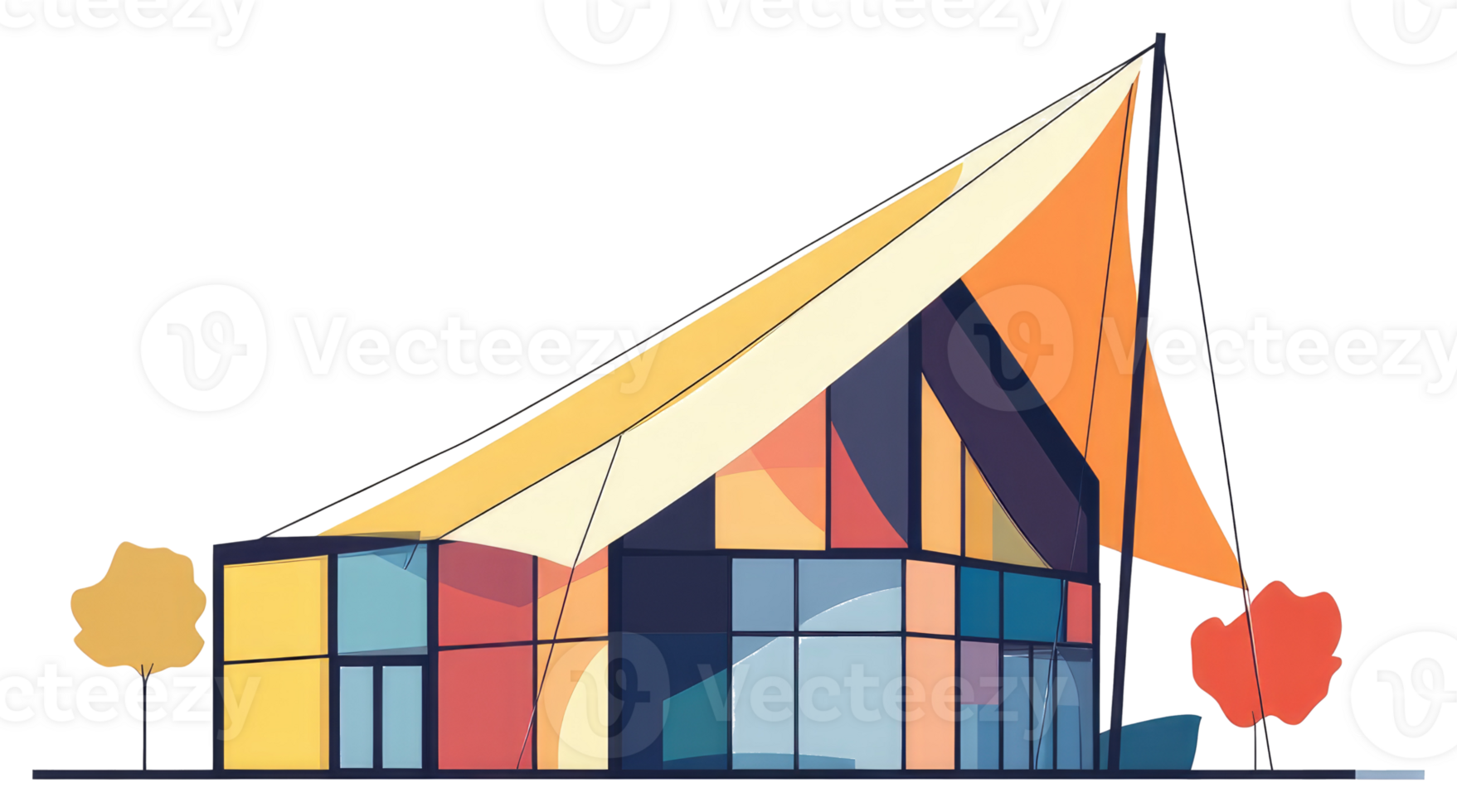 Modern building architecture with large tent like awning and colorful windows png