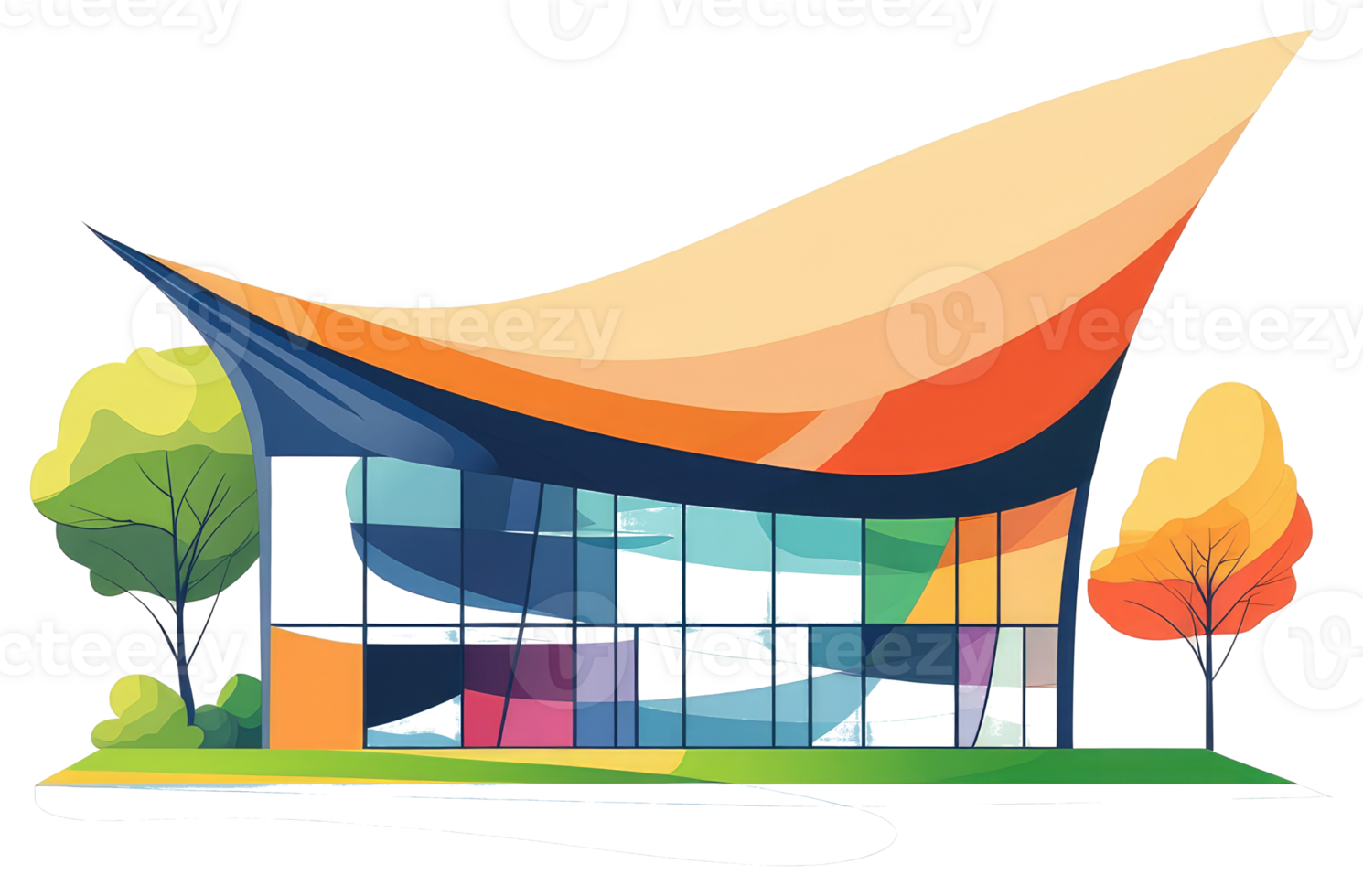Modern architectural illustration of building with curved roof and trees png