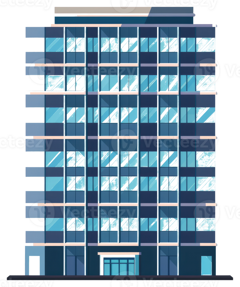 An illustration of a modern tall glass building with many windows png