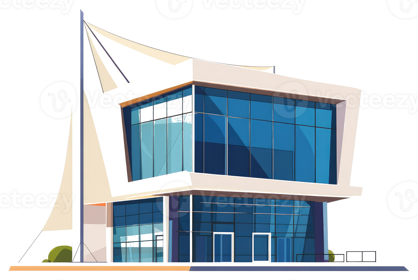 A modern building design featuring large glass windows and a shade png