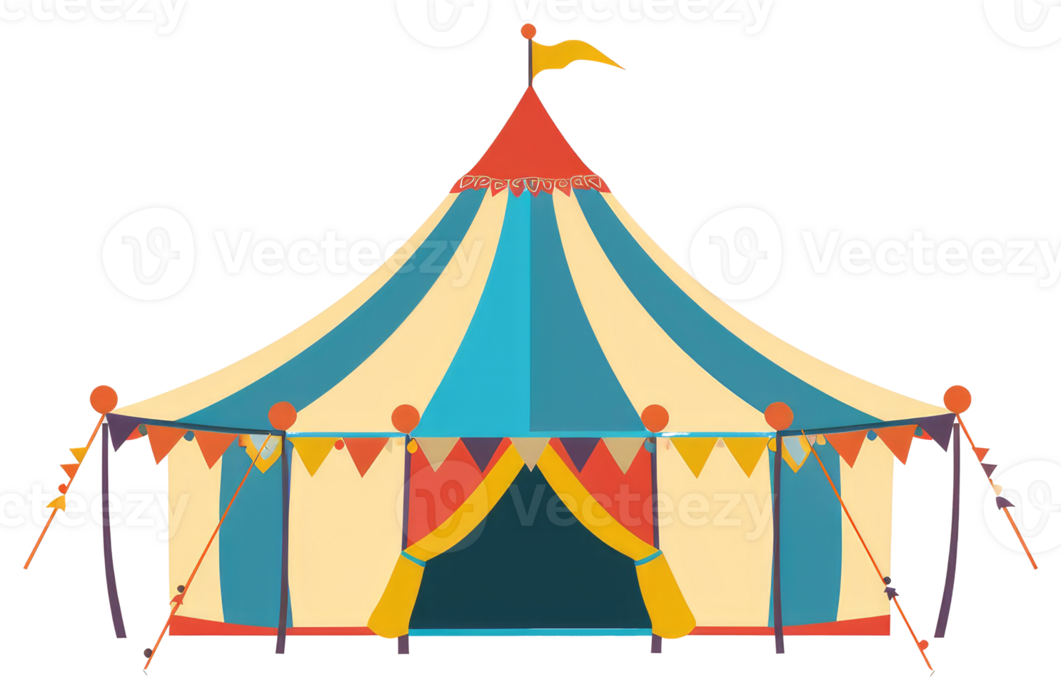 A colorful circus tent is displayed with flags and bunting png