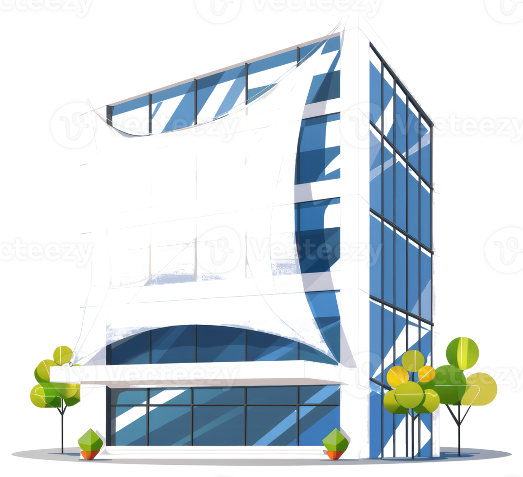 Modern office building featuring glass windows and decorative trees in front png