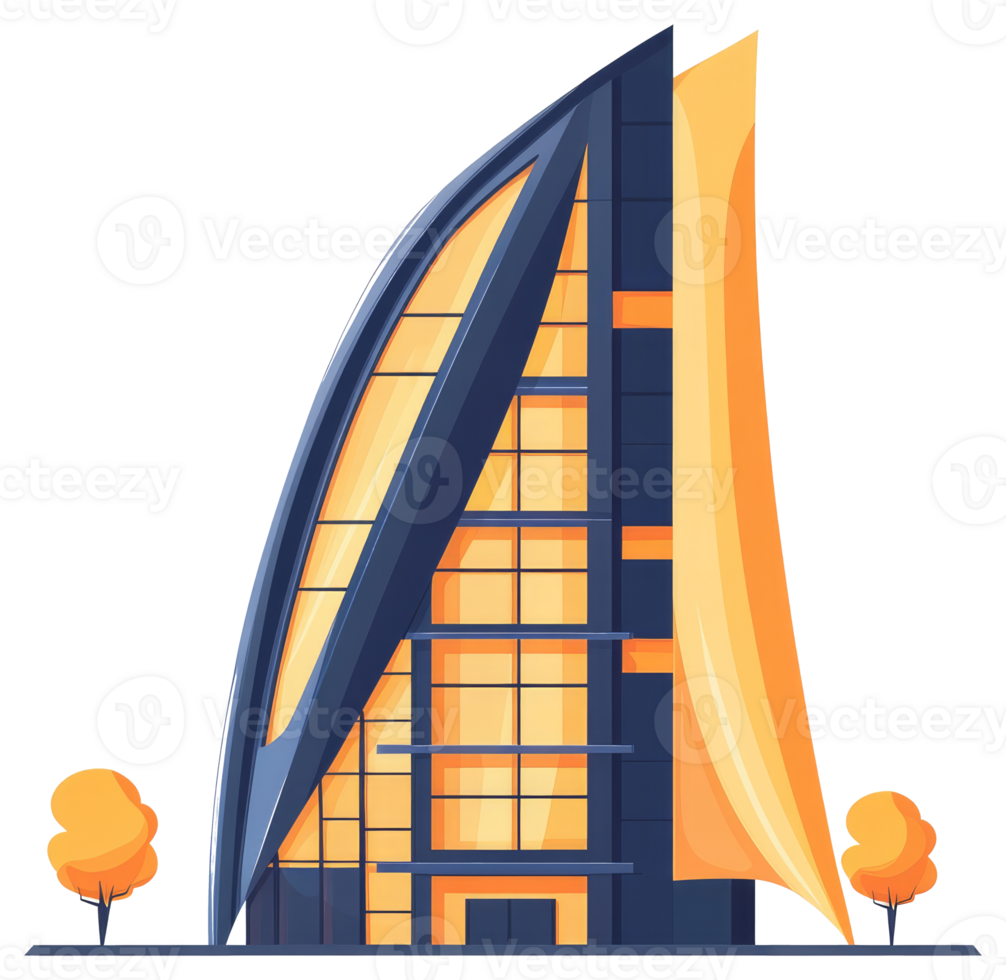 An illustrated modern architectural building design with trees and a backdrop png