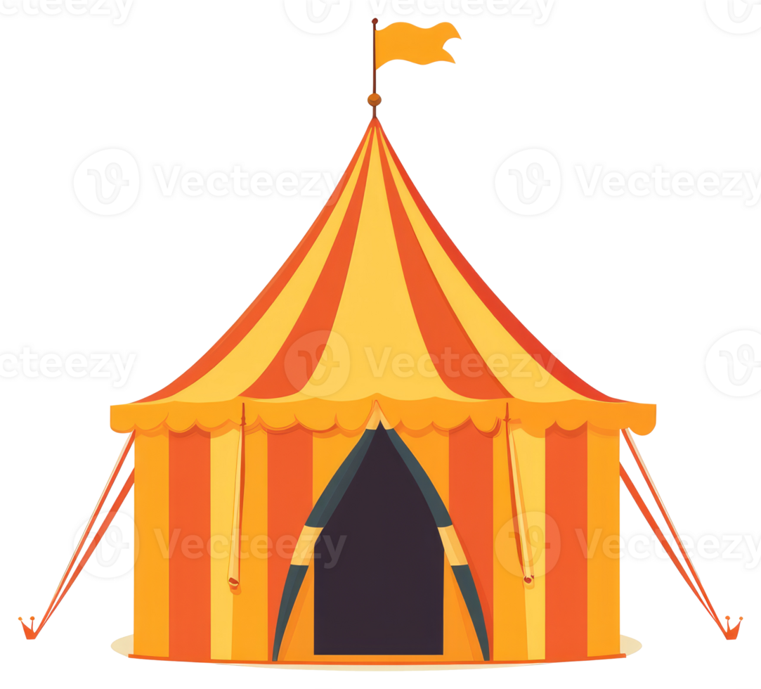 A colorful circus tent with stripes and a flag on top png