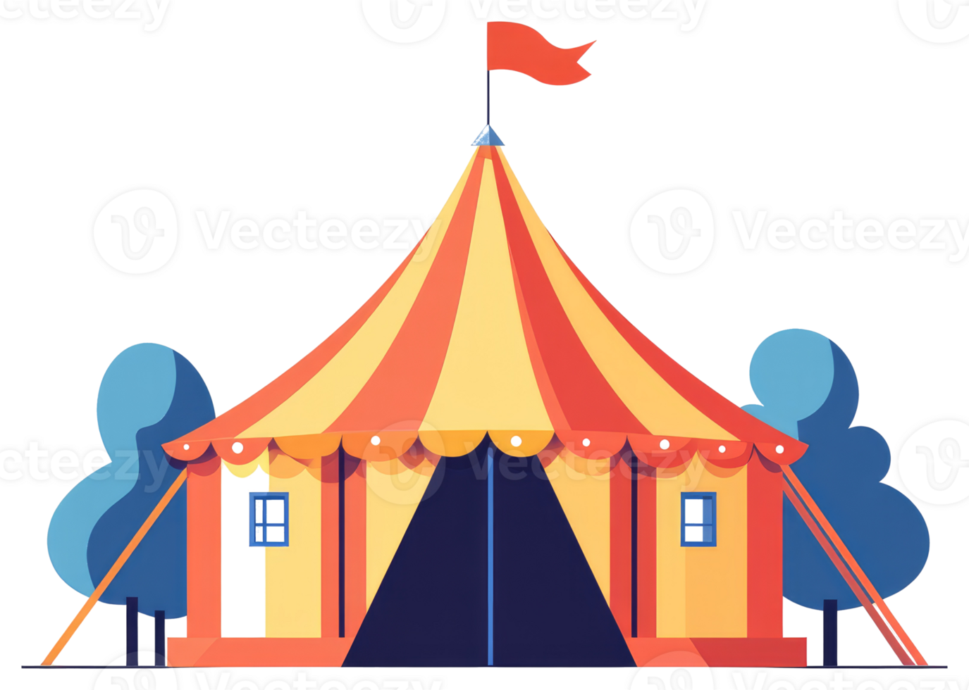 A colorful striped circus tent with trees and a flagpole png