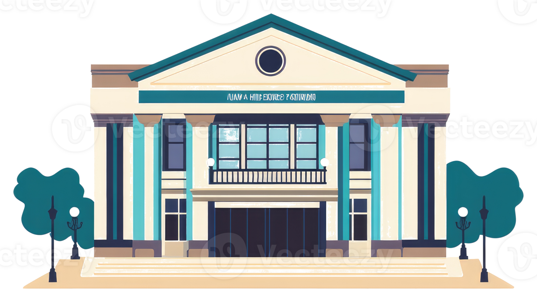 Cartoon illustration depicting a classical style building with trees and columns png
