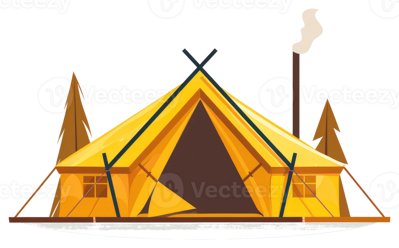 A yellow tent with a chimney and trees is shown png