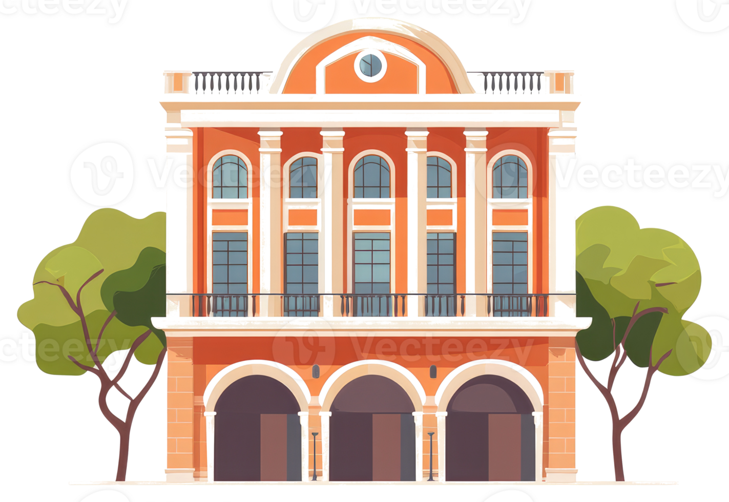 A classical building with trees and architectural design features png