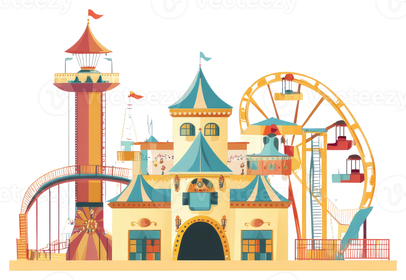 A Colorful Illustration of a Whimsical Amusement Park Setting png