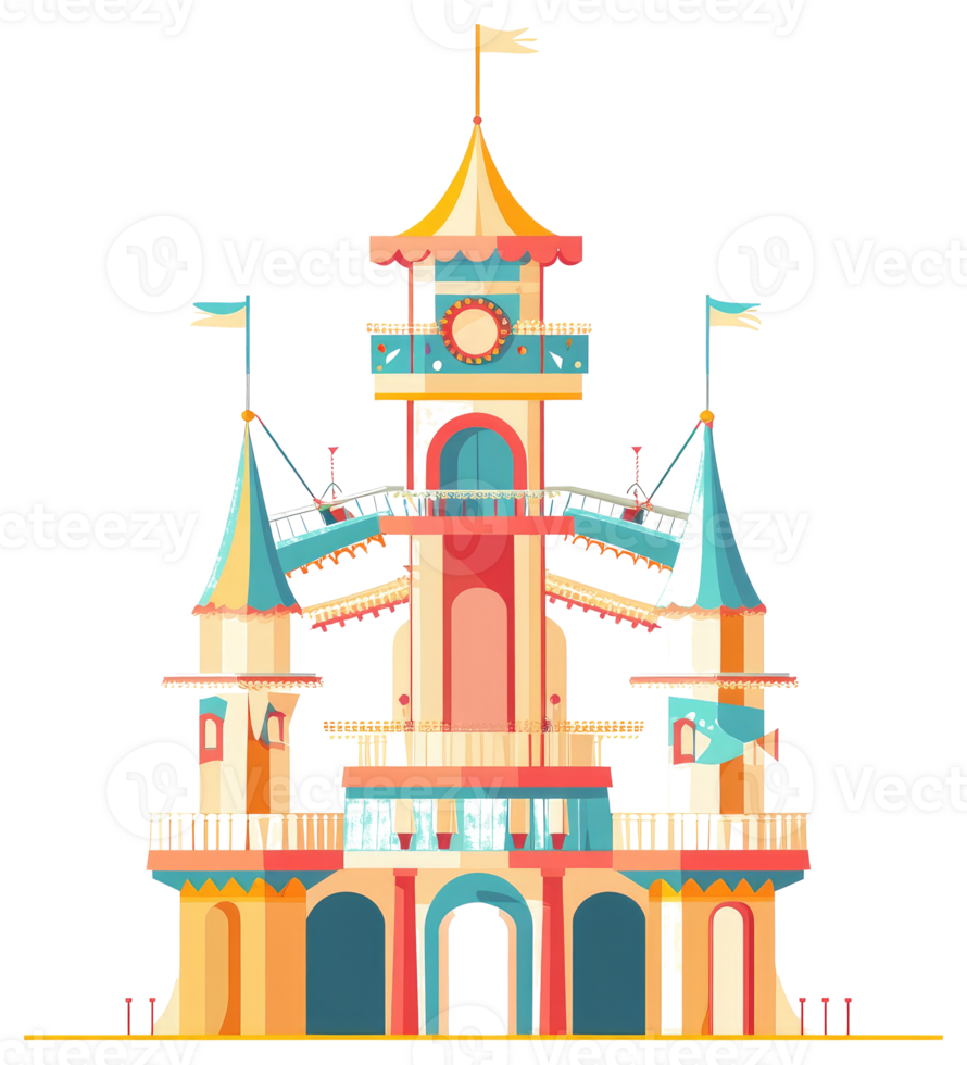 A colorful cartoon illustration of a whimsical amusement park structure png