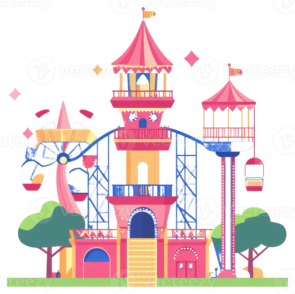 A colorful illustration depicting an amusement park scene with rides png