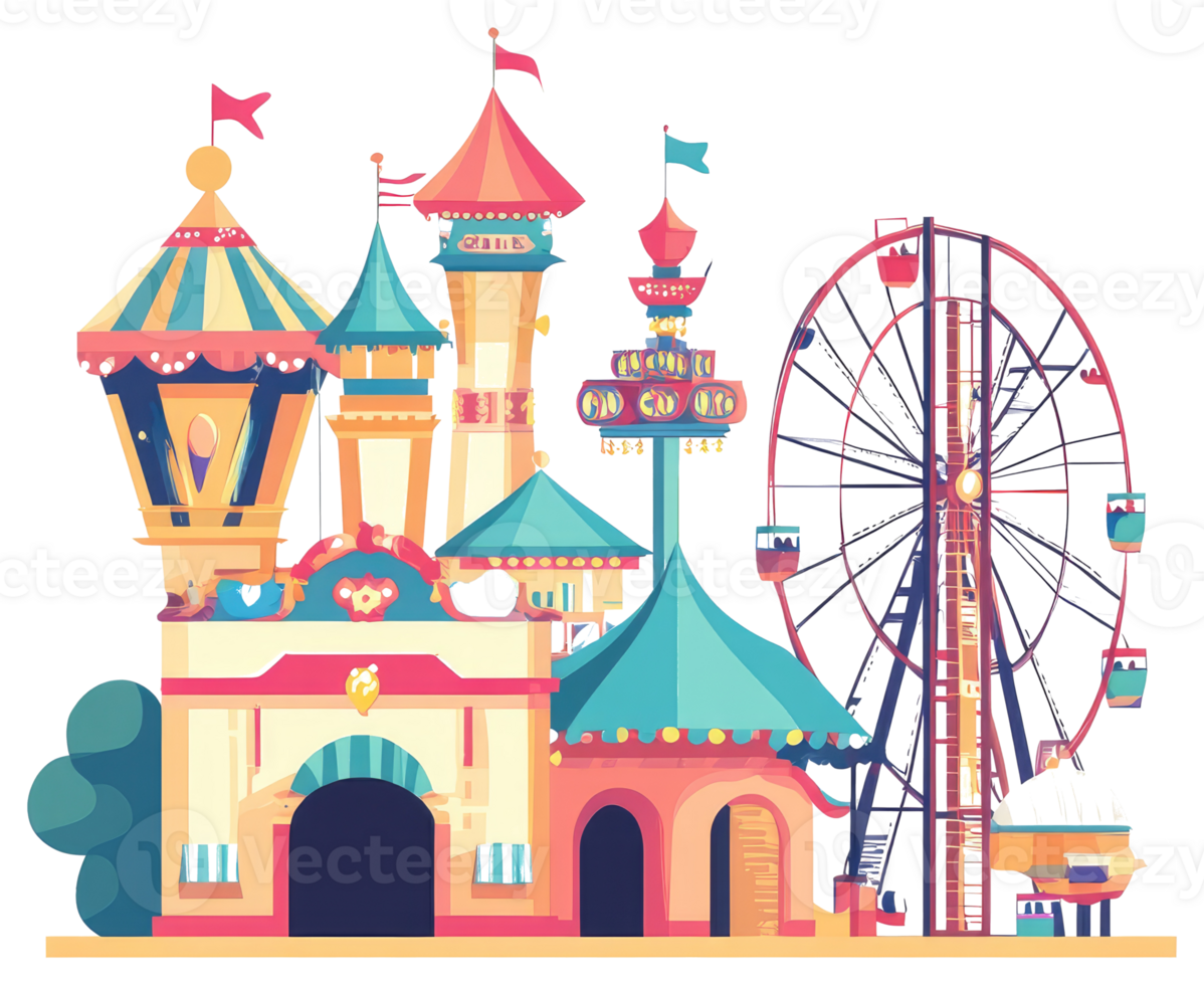A brightly colored illustration of an amusement park scene png