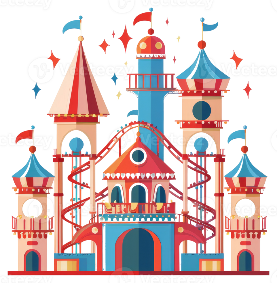 A stylized colorful amusement park scene with rollercoaster elements png