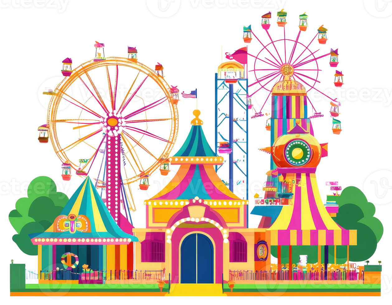 A colorful and detailed illustration of a vibrant amusement park png