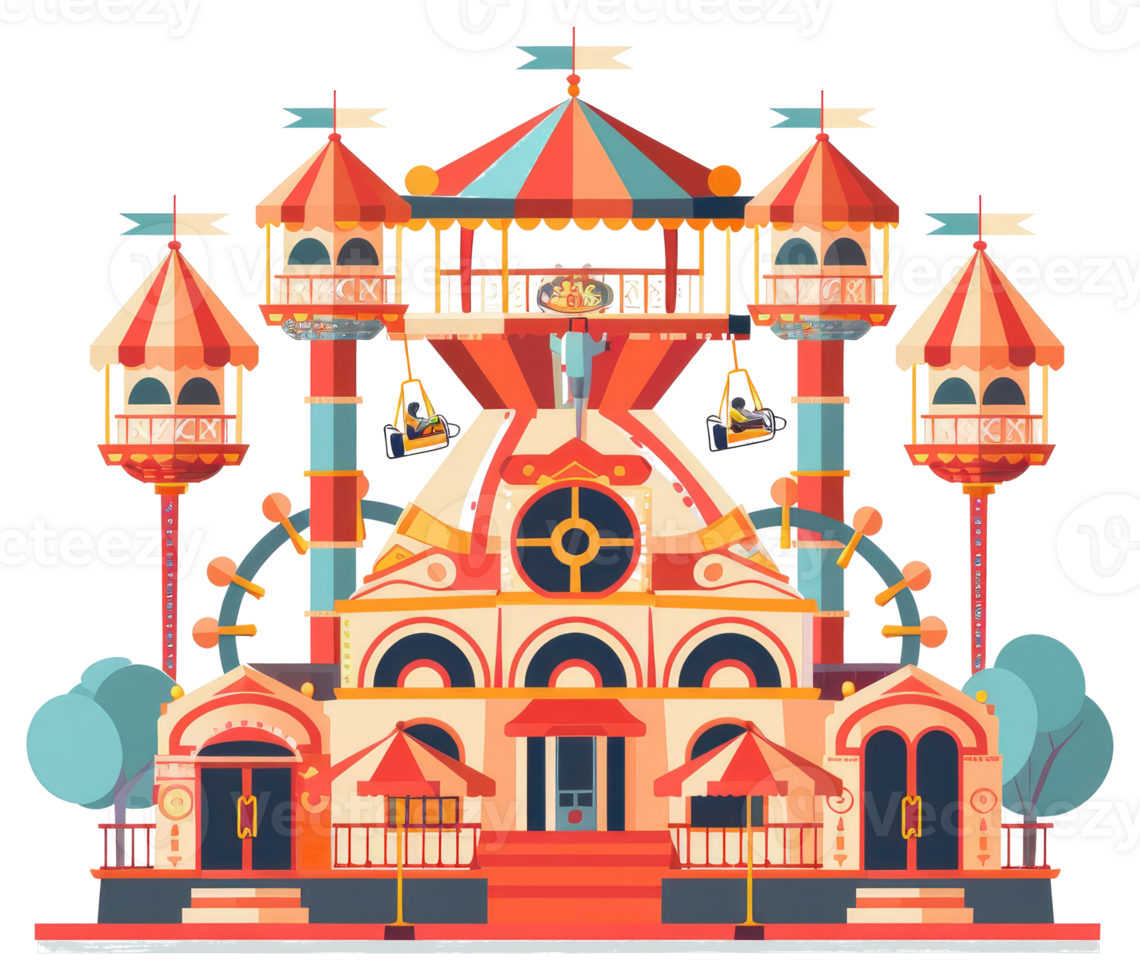 A brightly colored illustration of a complex amusement park structure png