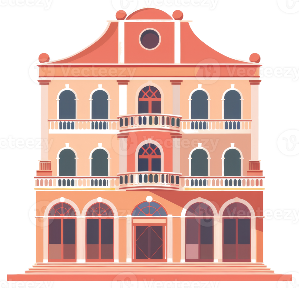 An illustrated building with balconies and arched windows depicted on display png
