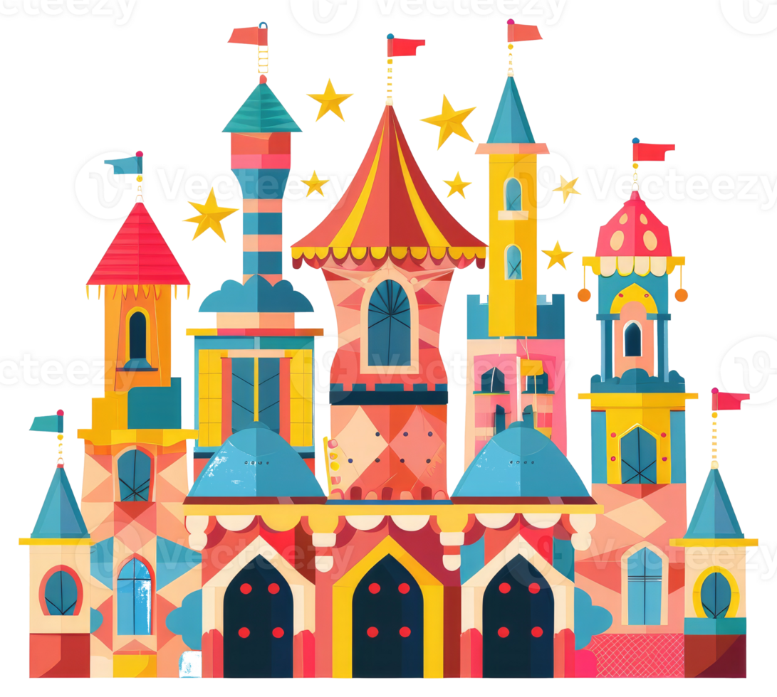 A colorful illustration of a fairytale palace with various towers png