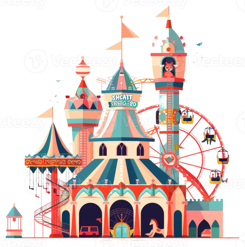 A vibrant illustration of a whimsical carnival amusement park png